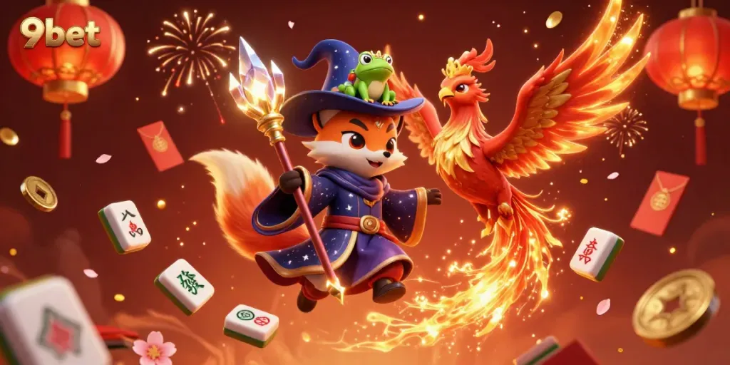 Experience dynamic gaming with 9bet’s magical realm featuring a wizard fox and phoenix among glowing treasures.