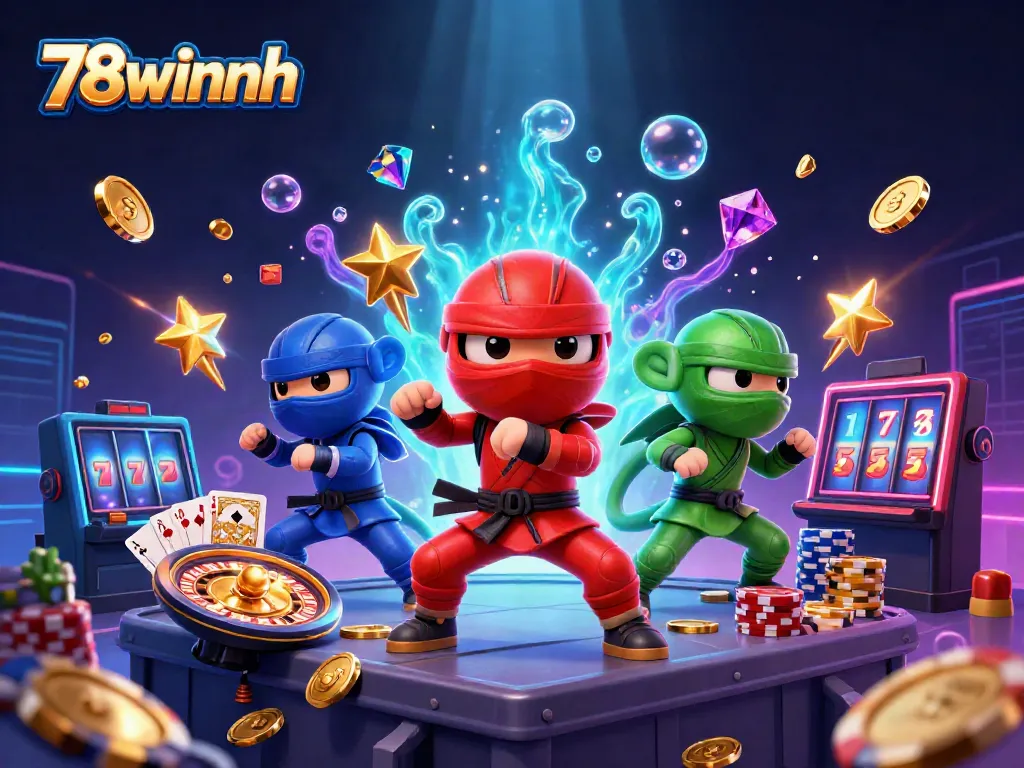 Experience the thrill of 78winnh with chameleon ninjas and dazzling casino elements in a vibrant 3D scene.