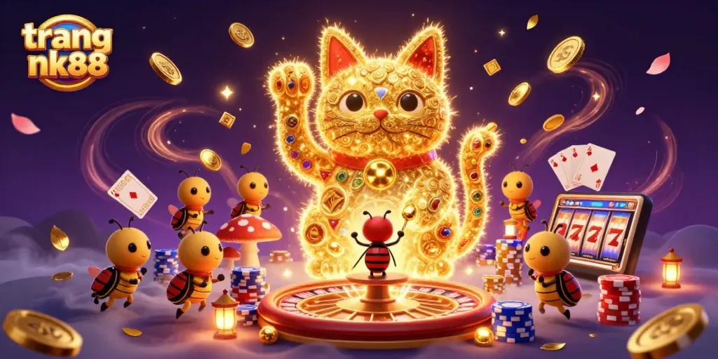 Engage with trang nk88, exploring a vibrant casino scene of a lucky cat and sparkling game symbols.
