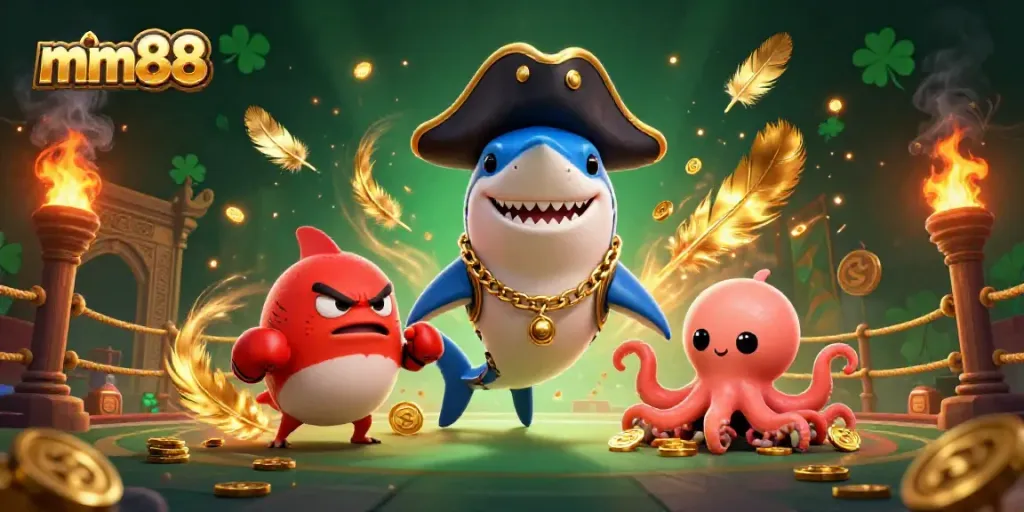 Spin with the mm88 lucky pirate shark, pufferfish, and octopus amidst gold coins and casino atmosphere.