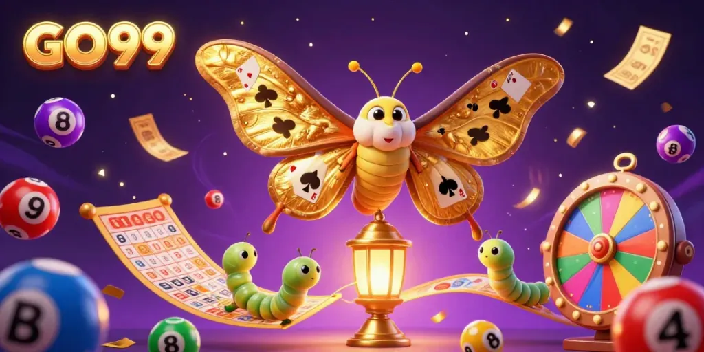 Experience vibrant casino excitement with the butterfly GO99 amidst colorful lottery elements.