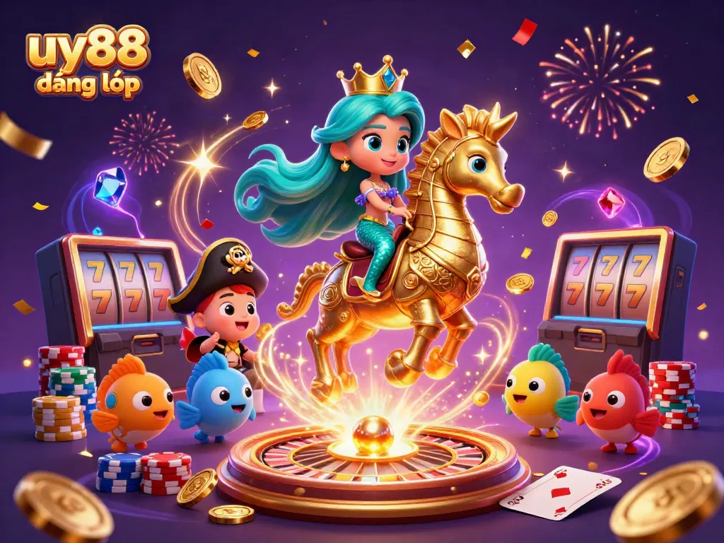 Experience excitement with UY88 đăng nhập: colorful mermaid, golden coins, and spinning roulette, in vibrant casino illustration.