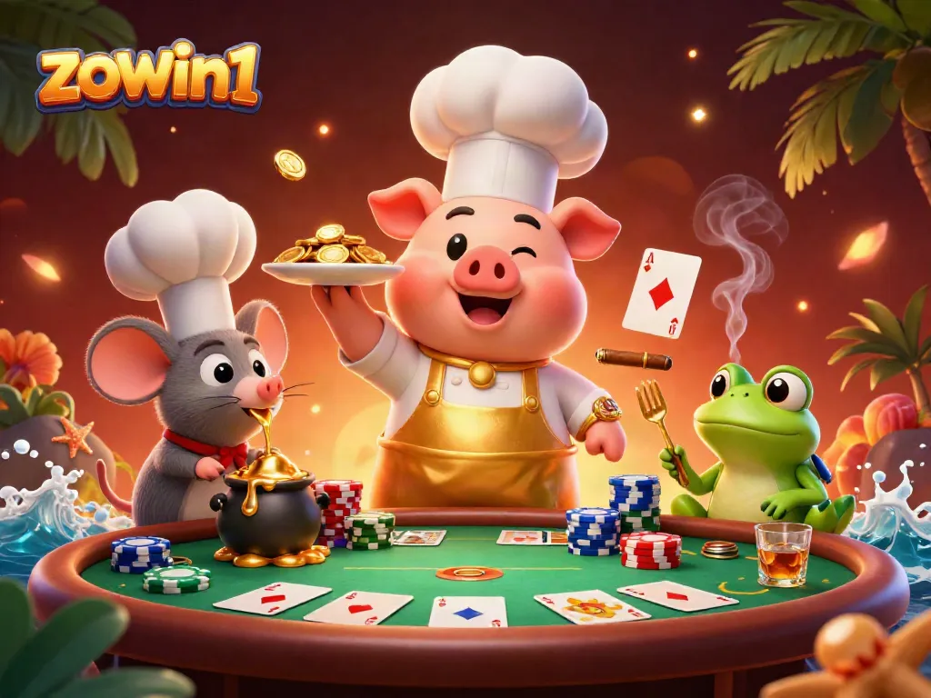 Experience thrilling card games with zowin1 in an exciting scene featuring a chef pig and poker elements.