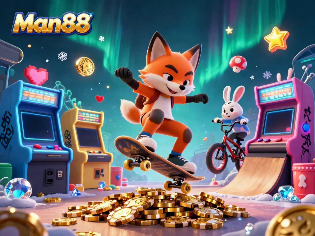 Catch exciting action at Man88 with a skateboarder fox and BMX rabbit in a vibrant casino scene.