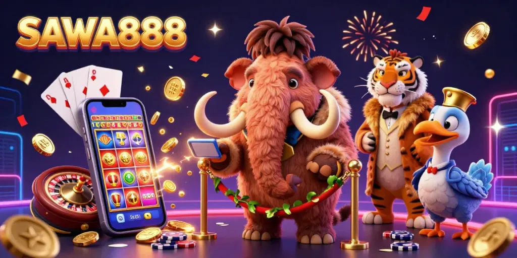 Celebrate at SAWA888 with a vibrant casino scene featuring unique characters and dynamic games.