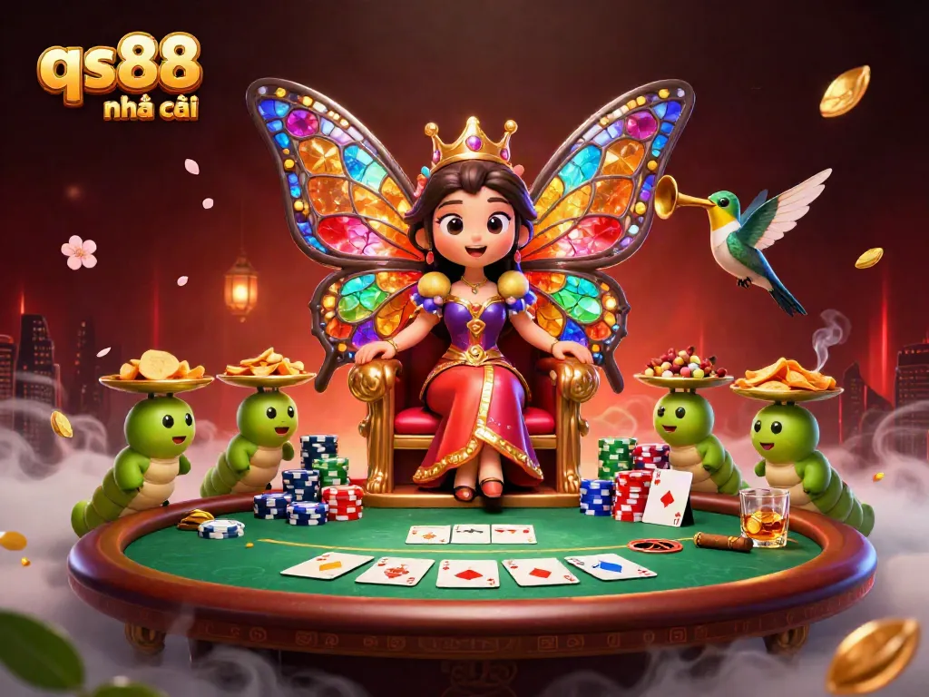 Engaging scene with qs88 nhà cái showcasing a vibrant butterfly queen and poker elements.