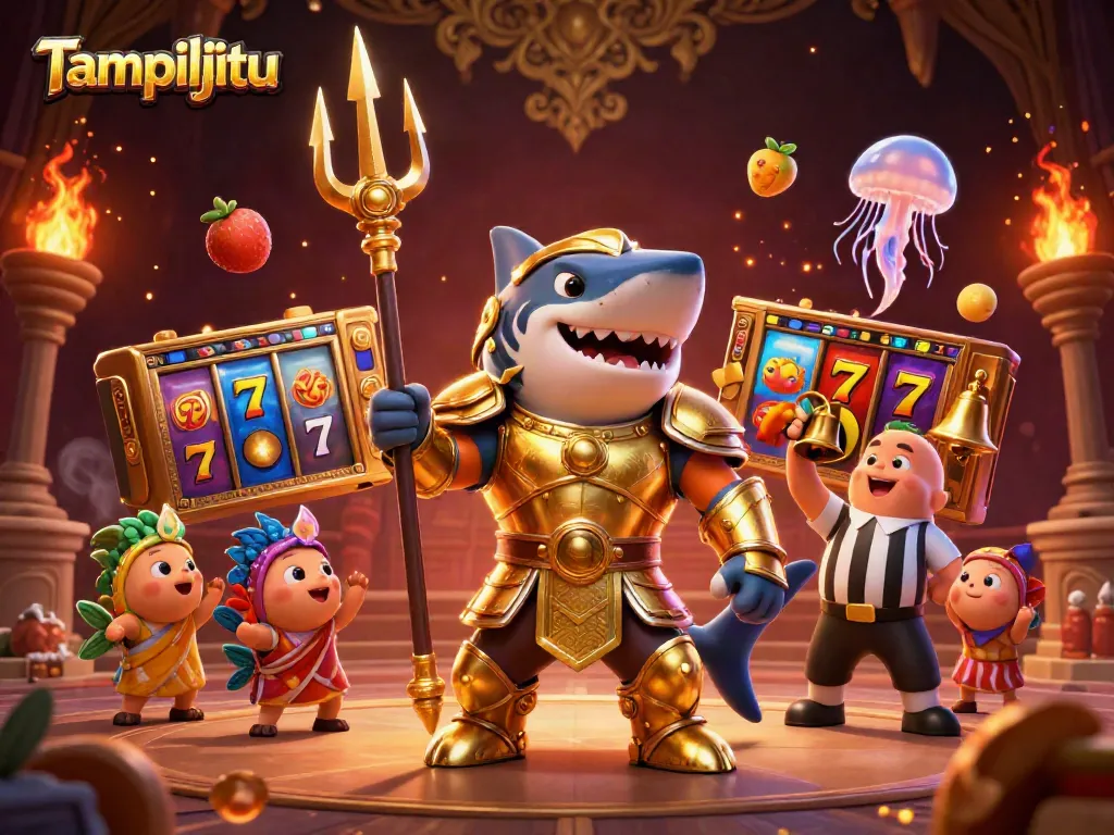 Tampiljitu showcases winning slots and jackpots with a shark in gladiator armor in a vibrant 3D scene.