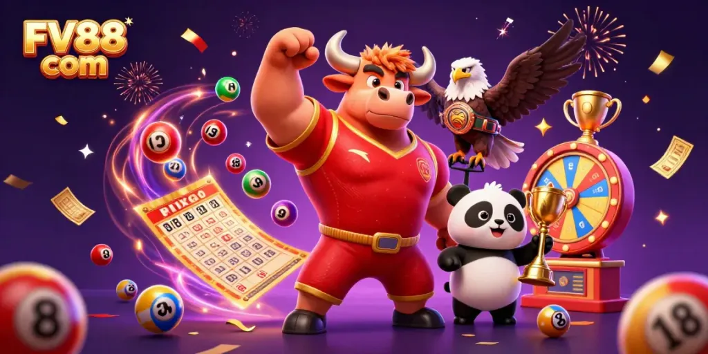 Engage in thrilling gaming with FV88 com's vibrant casino scene featuring bull mascot and prizes.