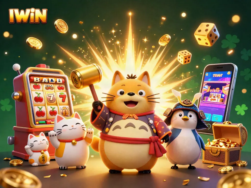 Play exciting games with IWIN featuring a cheerful tanuki, a crane, and lucky cats in a vibrant casino scene.