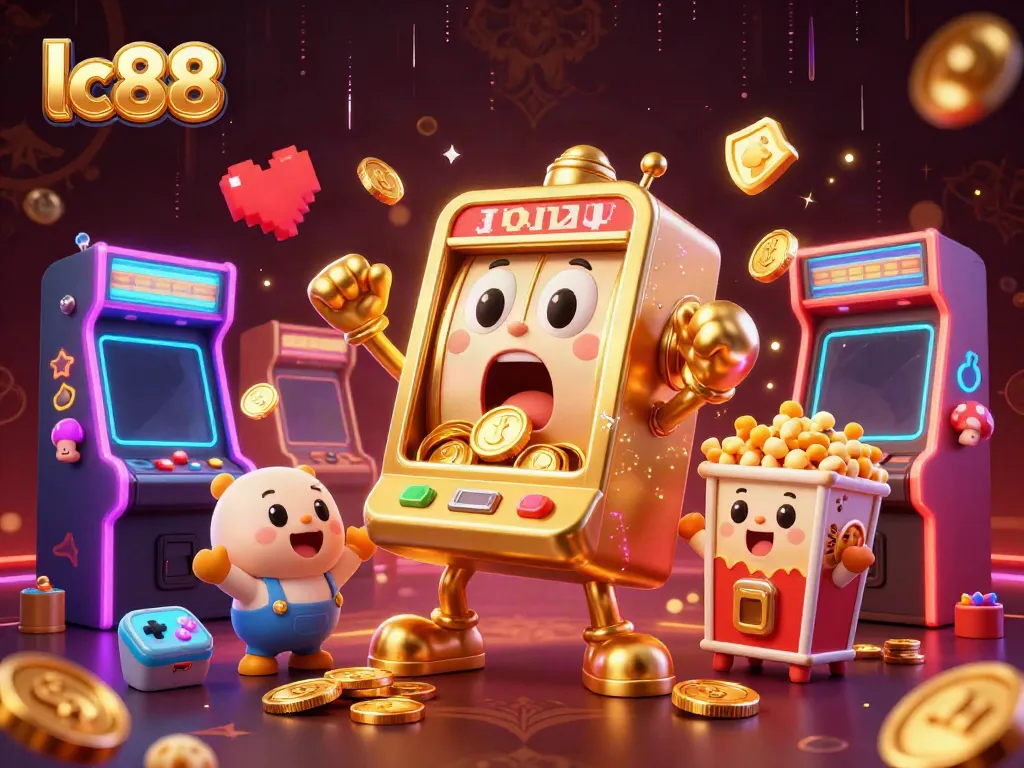 lc88's golden slot machine hits a jackpot, showering coins with cheering baby slot machines.
