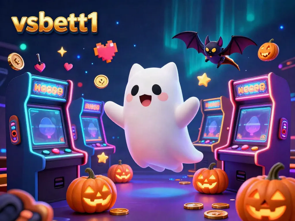 Experience the enchanting world of vsbett1 with a friendly ghost cat and vampire bat in a glowing casino setting.