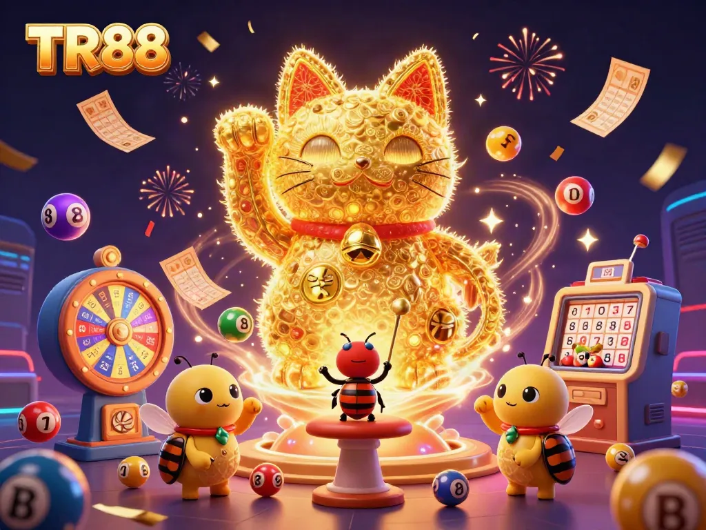 Experience the excitement of TR88 with a dynamic 3D illustration of a lucky cat and casino elements.