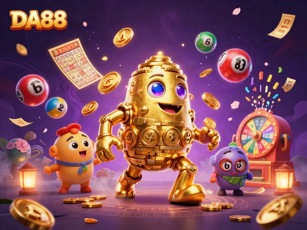 Engage with DA88, a thrilling 3D illustration depicting a dynamic casino scene filled with vibrant game elements.