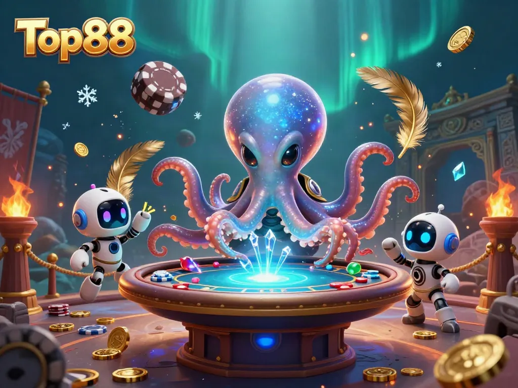 Experience the excitement of Top88 with this vibrant illustration showcasing an alien octopus at a poker table.