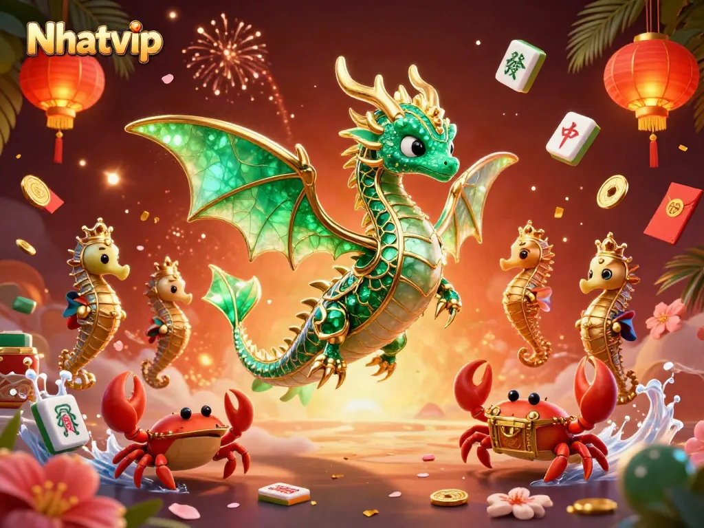 Nhatvip offers stunning online gaming experiences with an emerald sea dragon and treasure theme.