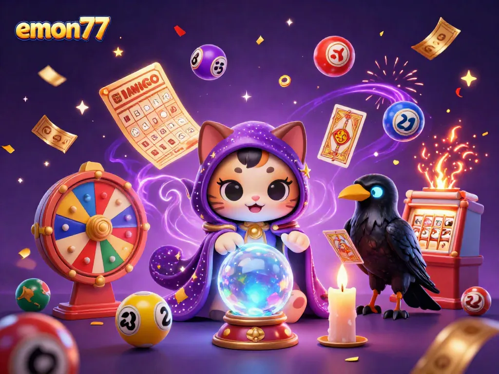 Experience thrilling gaming at emon77 with mystical characters, vibrant elements, and a festive atmosphere.