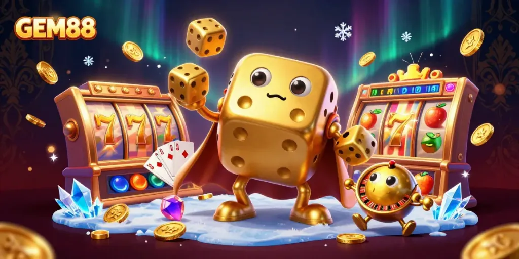 Engage with GEM88 through dynamic slot gaming illustrated with golden dice and immersive visuals.