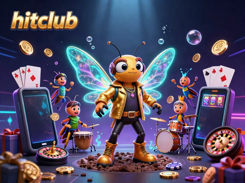 hitclub's 3D cartoon cicada rock star performing amidst vibrant casino elements like slot games and poker chips.