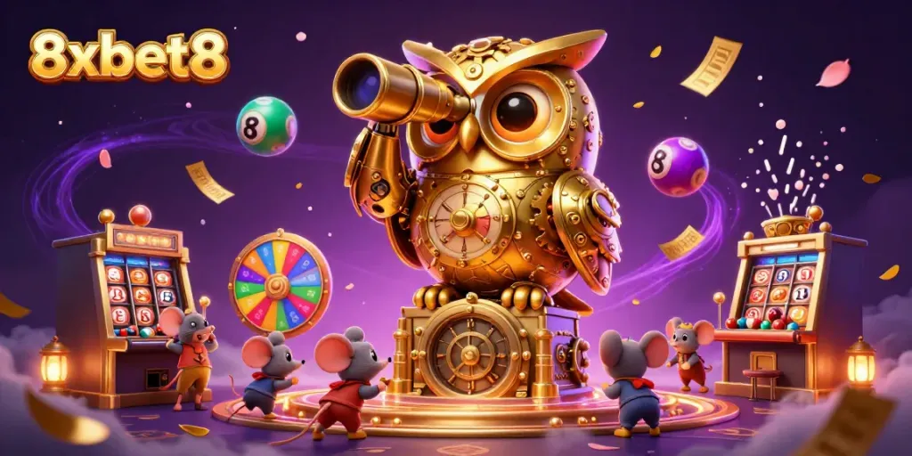 Experience the excitement of 8xbet8 with thrilling casino elements in an engaging 3D illustration.