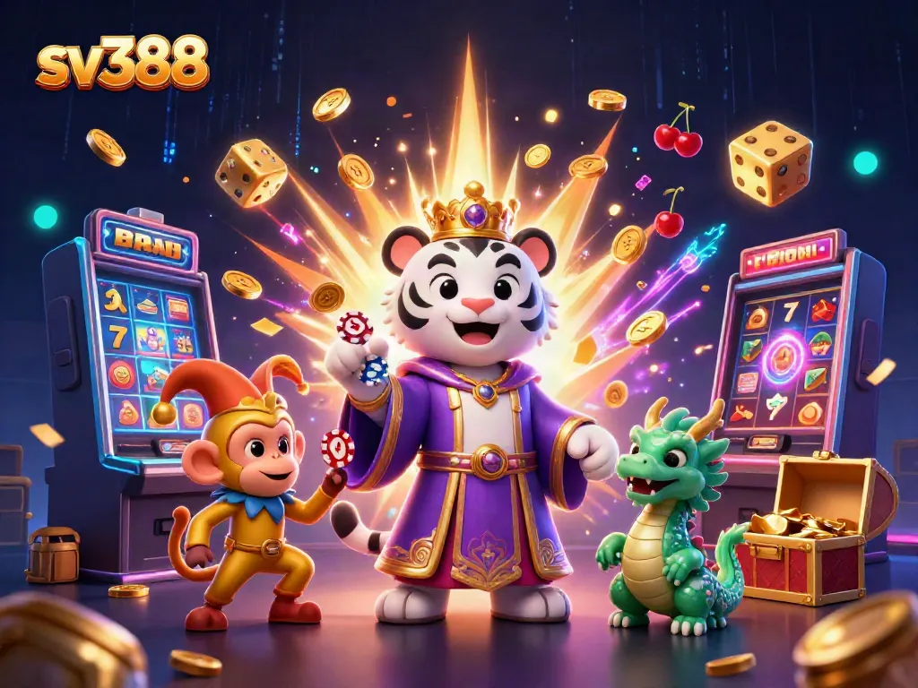 Experience the thrill of sv388 as a majestic tiger and monkey engage in a vibrant casino scene.