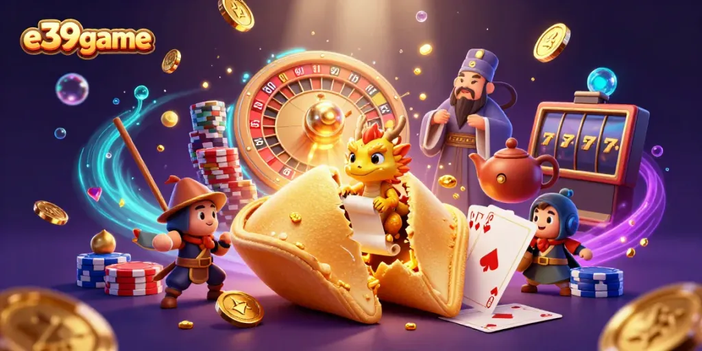 Experience excitement with e39game's vibrant casino scene featuring golden fortune cookies, dragons, and gaming elements.
