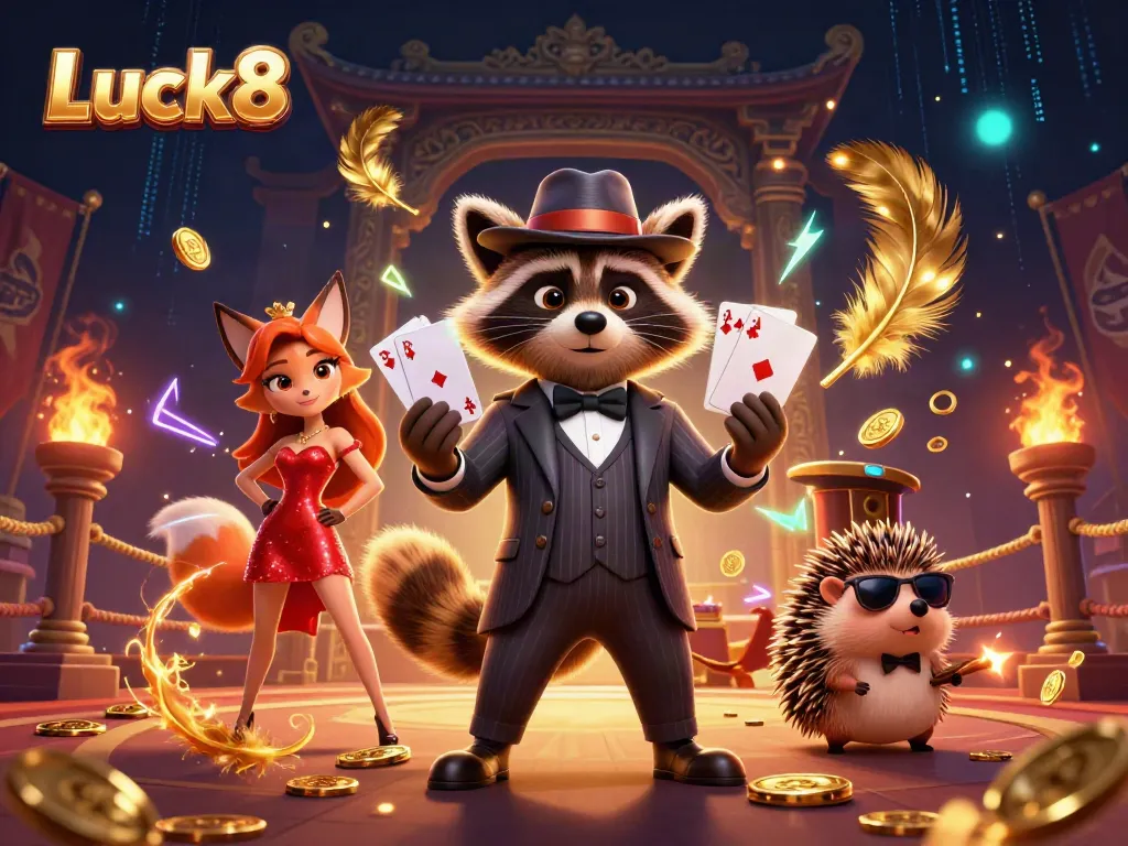 Luck8 offers thrilling casino action with a raccoon, fox, and hedgehog surrounded by gold coins and game elements.
