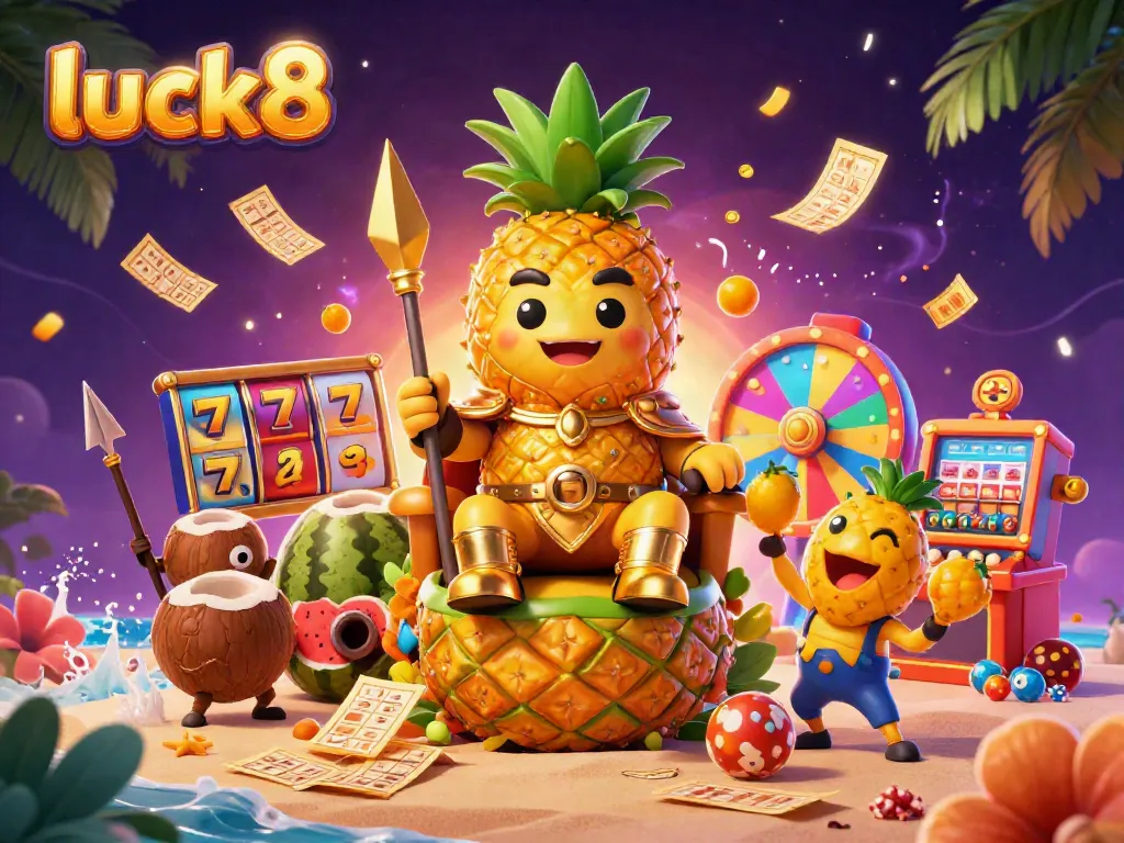 Experience the vibrant luck8 gaming atmosphere with a golden pineapple king surrounded by casino elements.