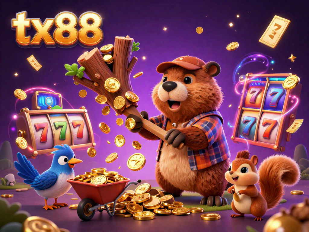 Spin the reels with tx88 in a vibrant, 3D casino illustration filled with gold coins and lucky symbols.