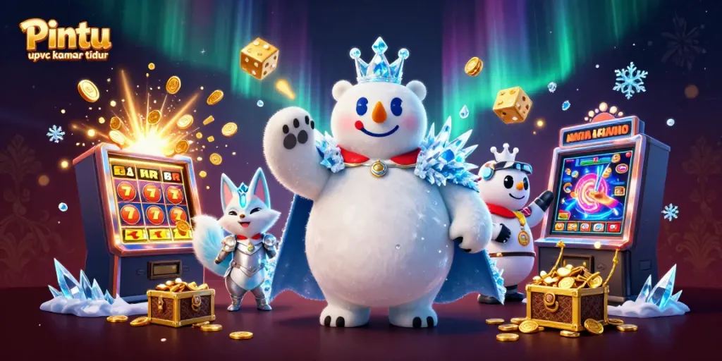 Pintu upvc kamar tidur showcases a stunning 3D polar bear king and snow fox in a vibrant casino-themed scene bursting with energy.