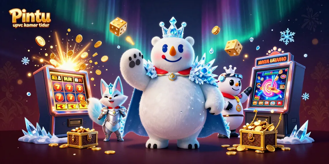 Pintu upvc kamar tidur showcases a stunning 3D polar bear king and snow fox in a vibrant casino-themed scene bursting with energy.