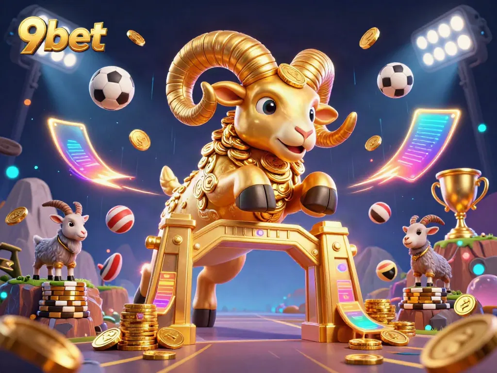 Engage with 9bet's exciting live casino experience featuring a golden ram amidst dynamic sports elements.