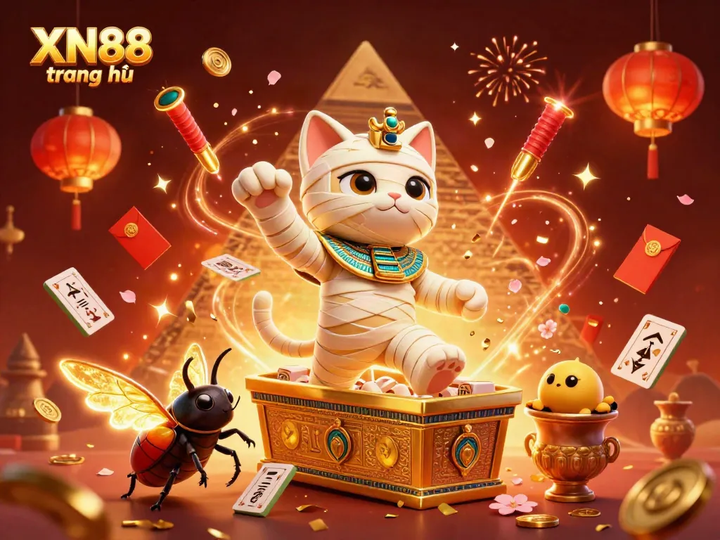 XN88 trang chủ illustration featuring a vibrant casino scene with a mummy cat and glowing scarab.