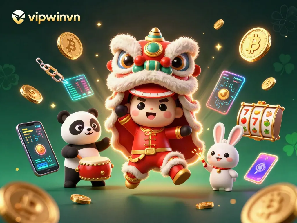Experience thrilling wins at vipwinvn with vibrant 3D illustration of festive gaming excitement.