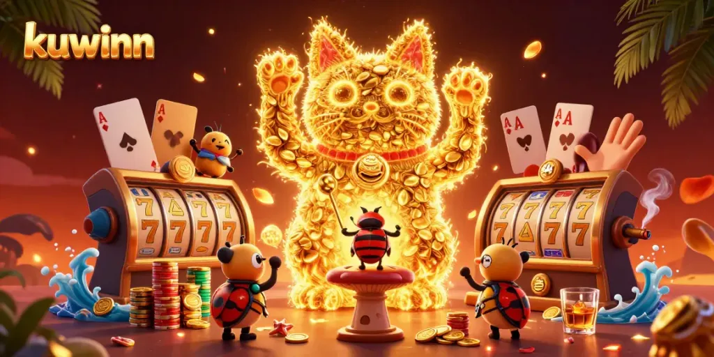Experience the thrill of Kuwinn with a dynamic lucky cat made of fireflies in a vibrant casino scene.