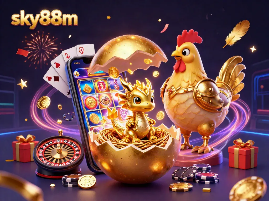 Play exciting games with sky88m, showcasing a golden dragon amid poker chips and slot games.