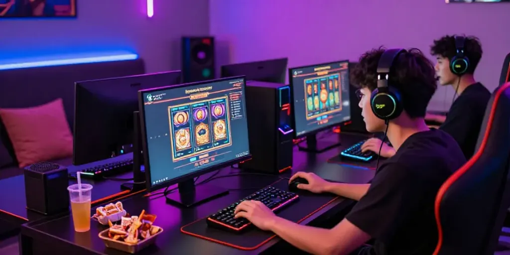 Exciting gaming setup with kayu77 slot interfaces and vibrant LED lights