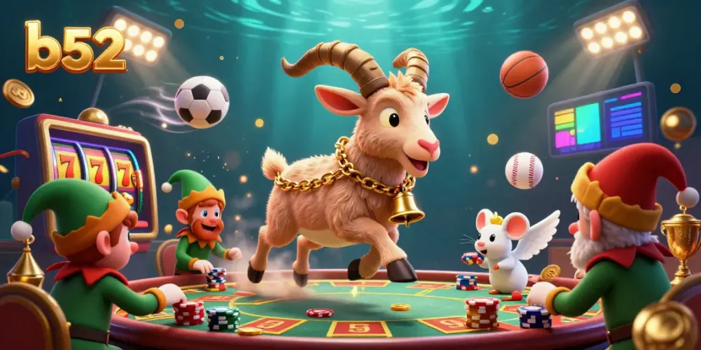 Experience the thrill of gambling at b52 with 3D casino characters in a dynamic, festive scene.