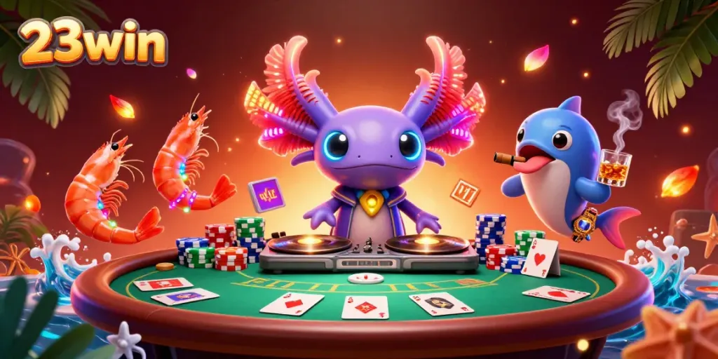 Experience the vibrant casino scene with 23win featuring neon-colored axolotl DJ and dynamic game elements.