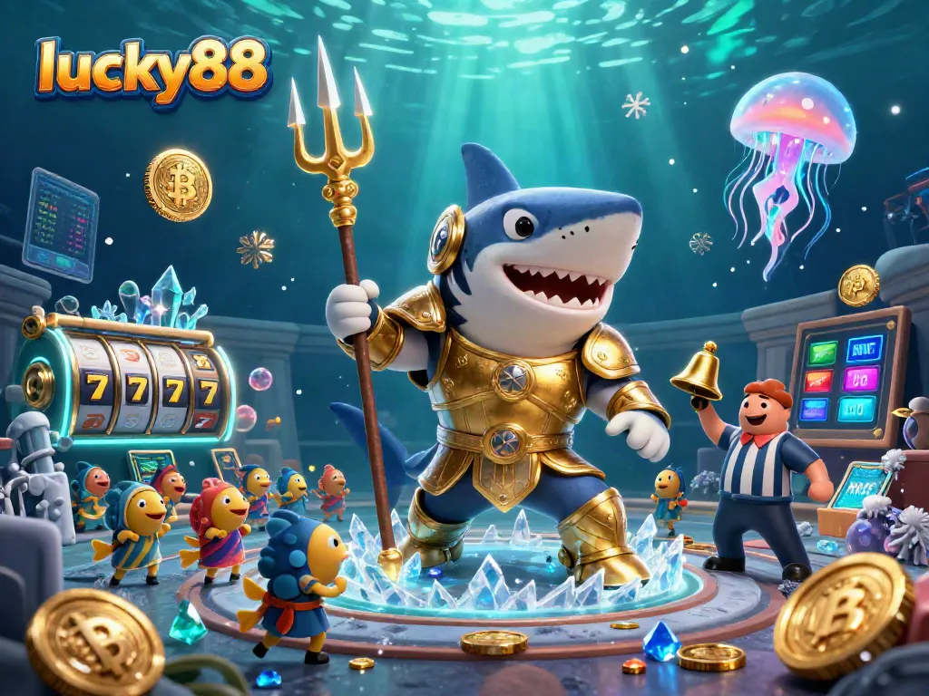 Engage with lucky88's thrilling gaming scene featuring a shark gladiator amidst exciting casino elements.