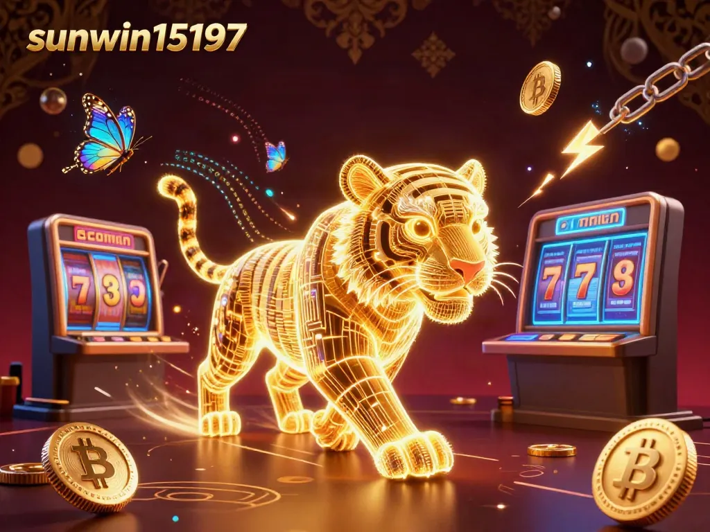 Experience thrilling gameplay at sunwin15197 with a vibrant digital casino featuring a golden tiger and crypto elements.