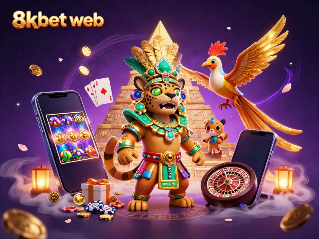 Engage with the vibrant 8xbet web through dynamic gaming elements and characters in a colorful 3D illustration.