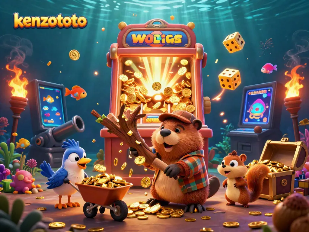 Kenzototo fish shooting game scene with playful characters collecting coins underwater