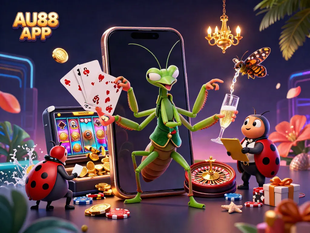 Experience exciting gaming thrills with AU88 APP in this vibrant casino scene illustration.