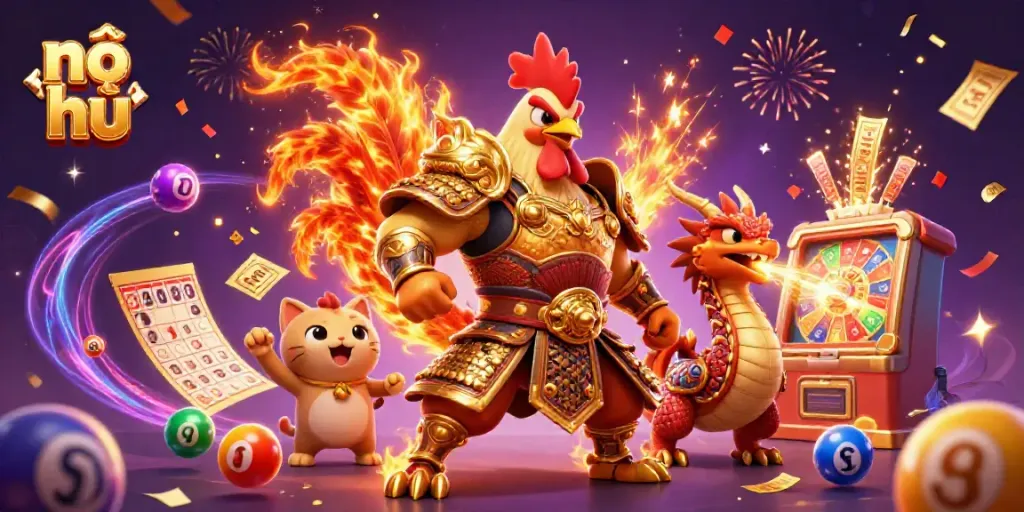 Experience thrilling nổ hũ gameplay with dynamic characters and vibrant symbols in this rich 3D scene.