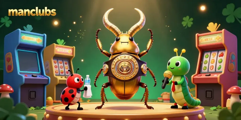 Experience thrilling manclubs gameplay featuring cartoon beetle boxing with gameplay icons in a vibrant casino.