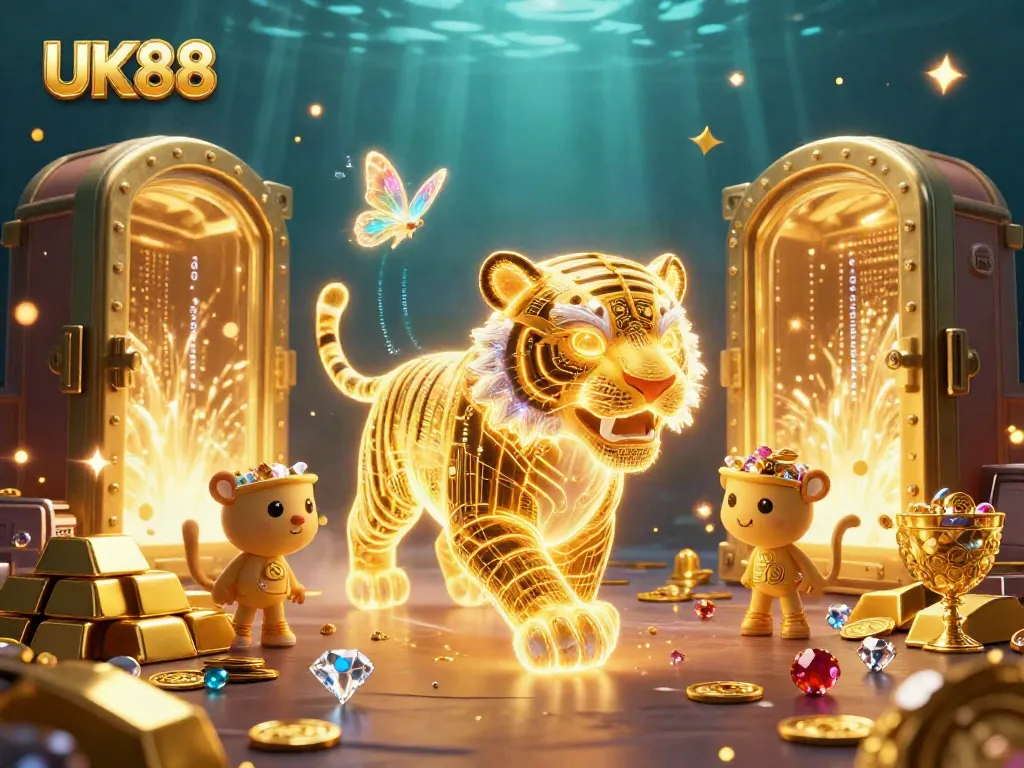 Experience the thrilling world of UK88, featuring a neon-wireframe tiger in a vibrant casino landscape.