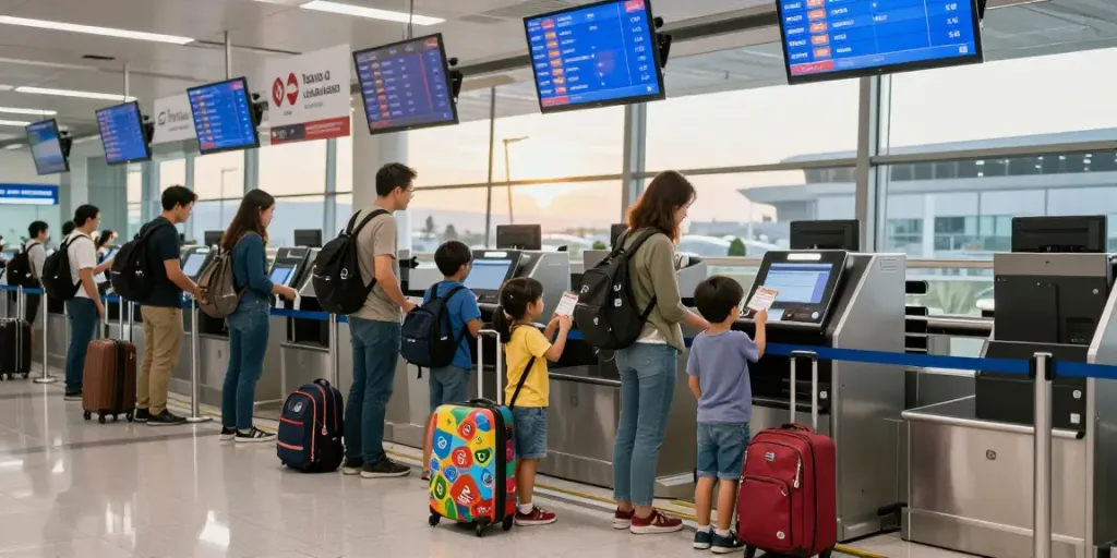 Family excitedly checking in at the airport for garuda 404 flight.