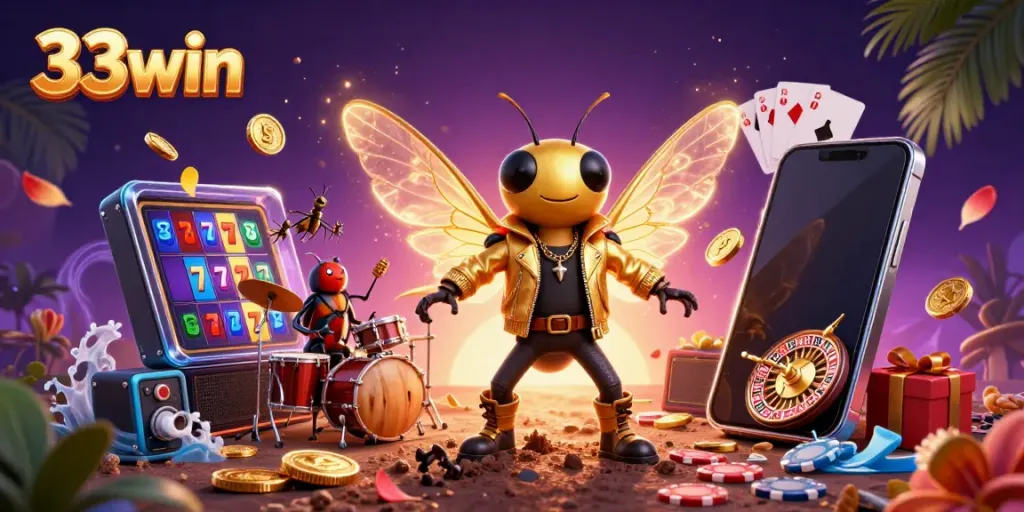 Experience the excitement of 33win with a vibrant 3D casino scene featuring a cicada rock star and dynamic slot games.