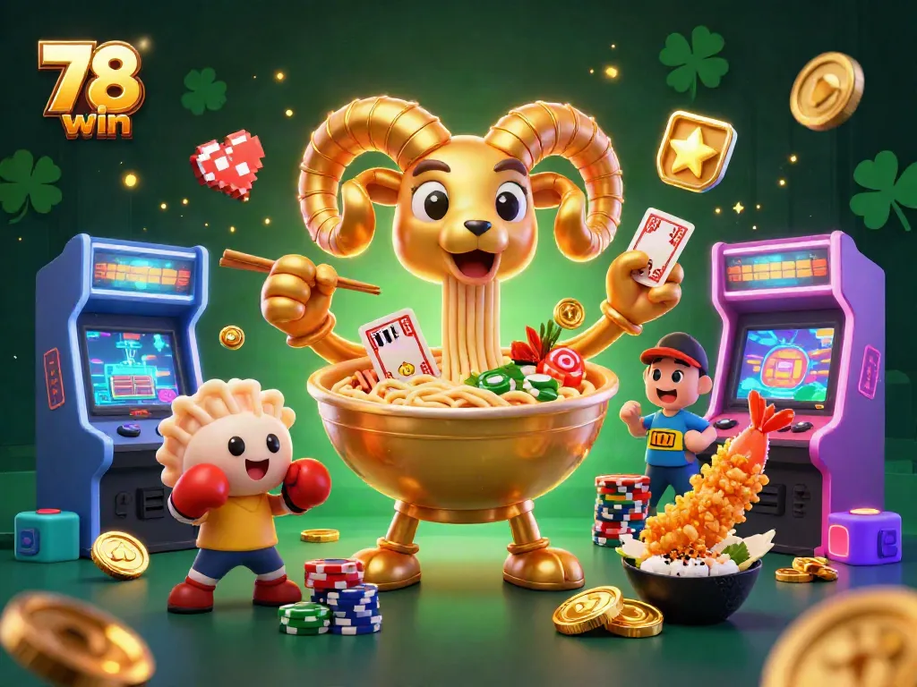 Experience the excitement of 78 win with a giant ramen bowl character dealing cards in a vibrant casino scene.