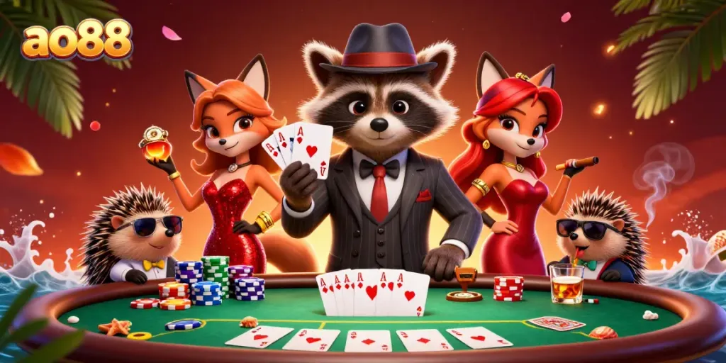 Experience the thrill of ao88 with a raccoon and friends playing poker amidst vibrant casino elements.